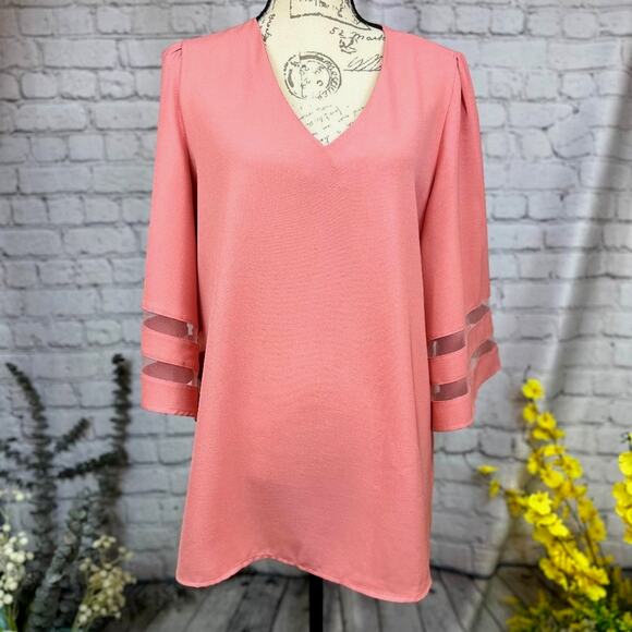 Casual V Neck 3/4 Bell Sleeve Mesh Panel Blouse Coral XL - Picture 4 of 7